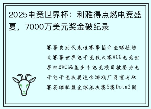 2025电竞世界杯：利雅得点燃电竞盛夏，7000万美元奖金破纪录